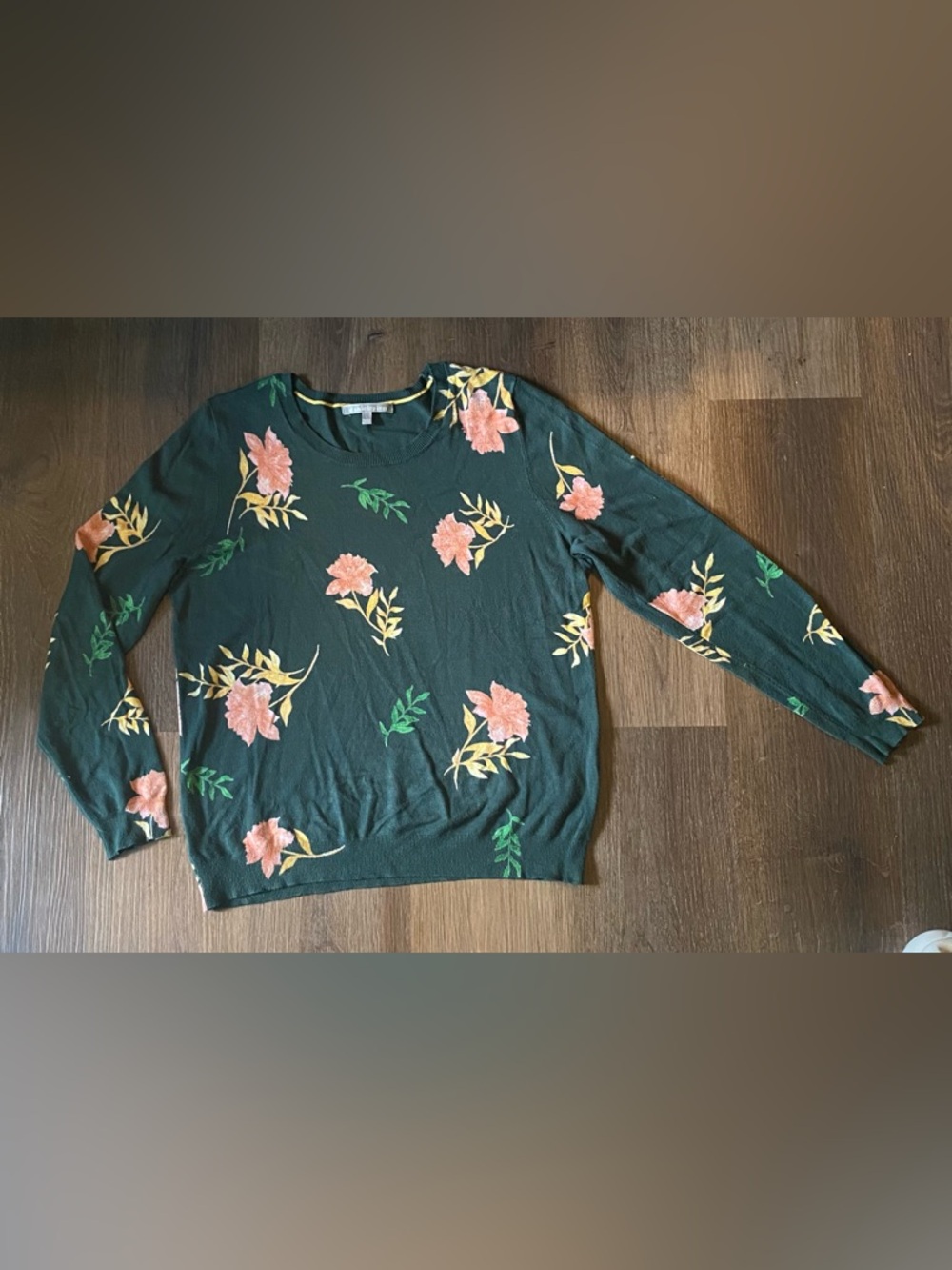 Daniel Rainn Dark Green Floral Crewneck Sweater with Pink Blooms